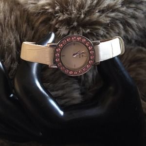 Ladies Guess pink rhinestone white leather watch
